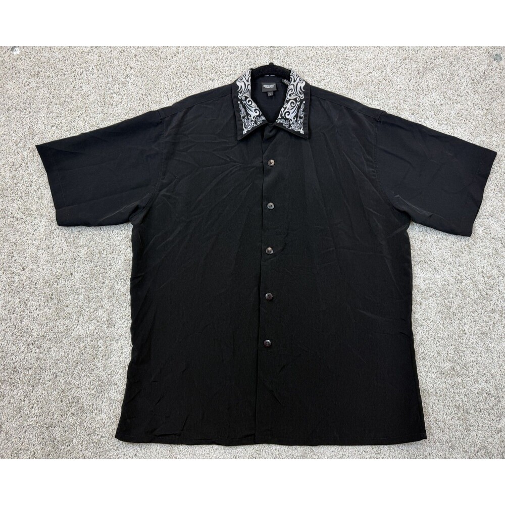 Amplify Threads Men's L Black Shirt White Embroidered Collar Button Up Y2K